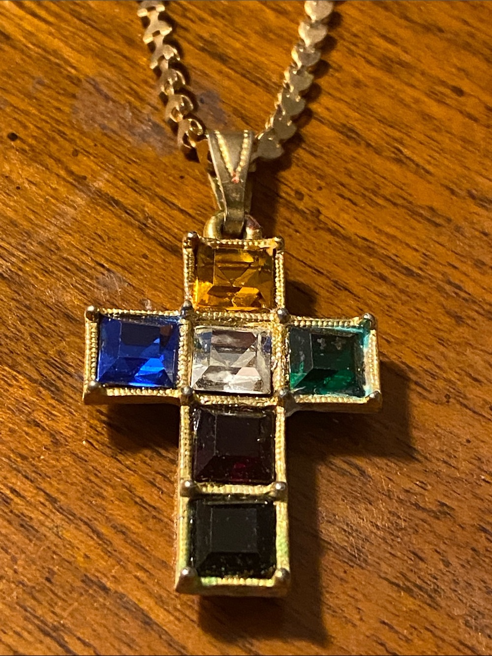 Vintage Gold Multistone Cross Necklace - Blue, Green, Amber, Clear, Red, Black
